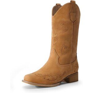 Dream Pairs Women's Tan Square Toe Cowgirl Boots Pull On Low Chunky Heel